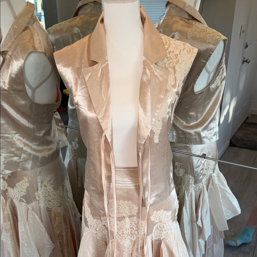 Free People Champagne Lace-Trim Asymmetrical Satin Dress - Picture 7 of 15
